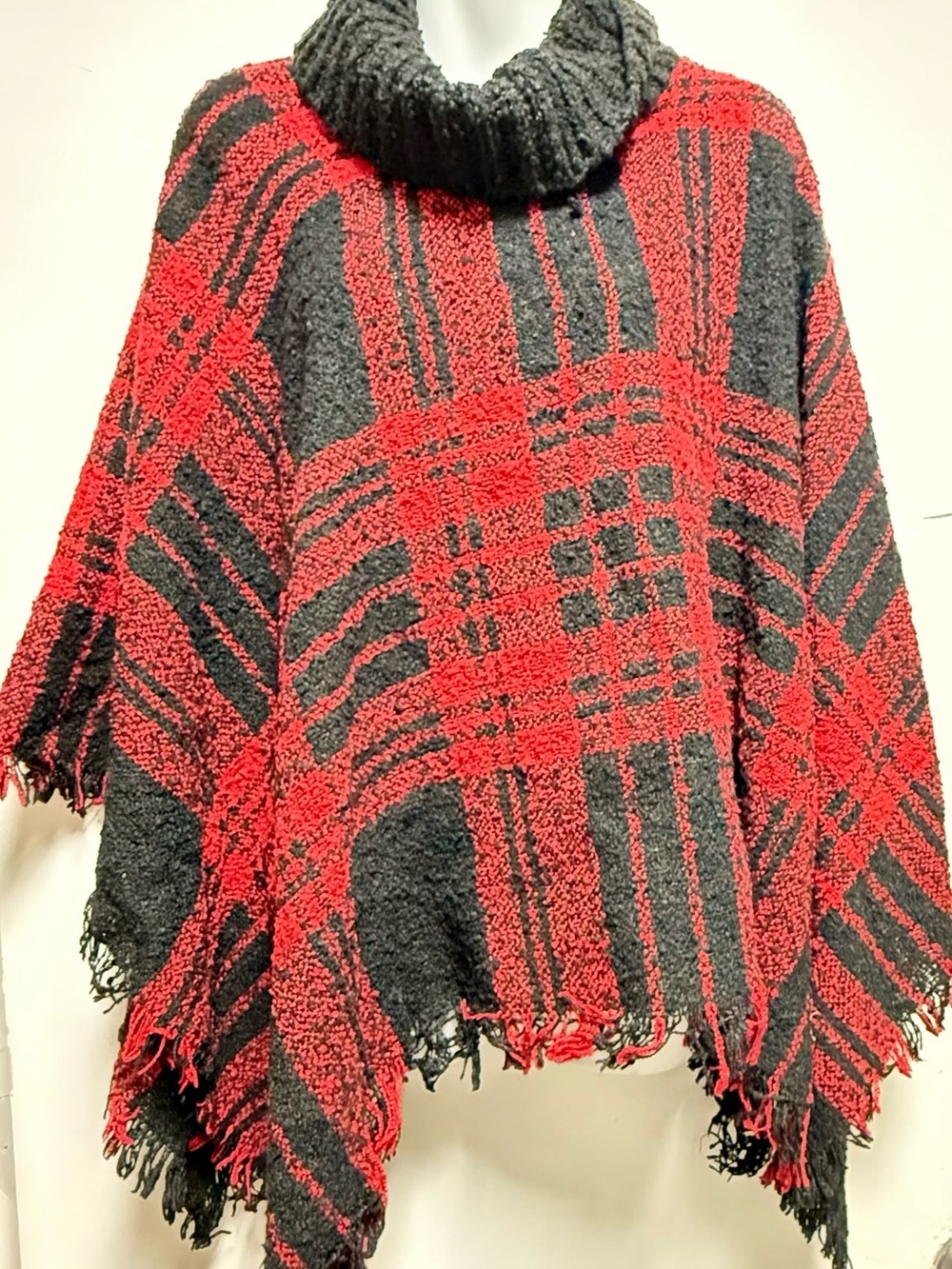 Steve Madden Red and Black Plaid Turtleneck Poncho